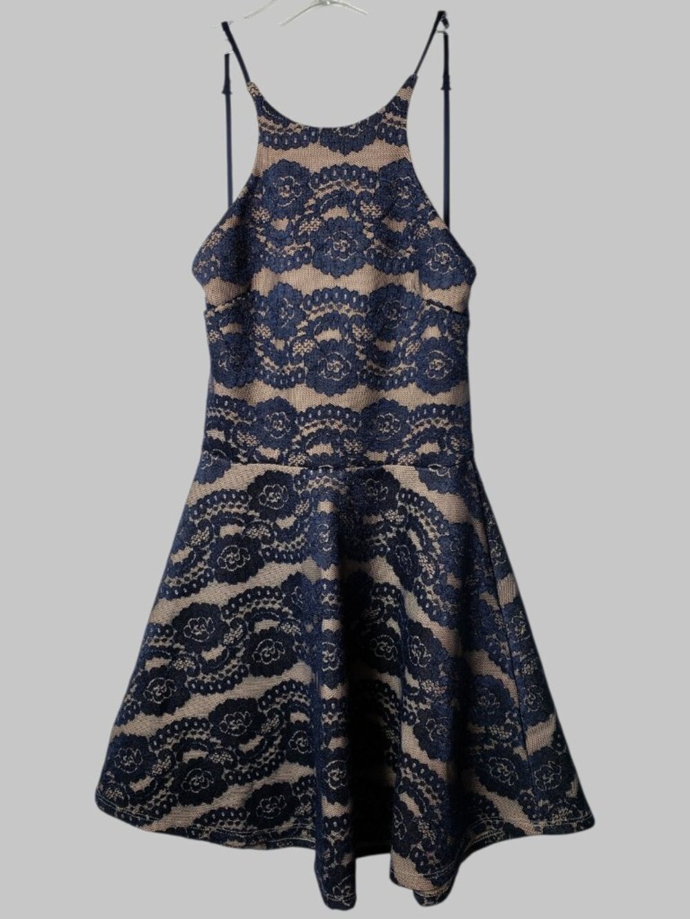 ANGL Nude Lace Fit & Flare Skater Dress Open Back Party Dress Navy Blue Medium - Picture 7 of 14